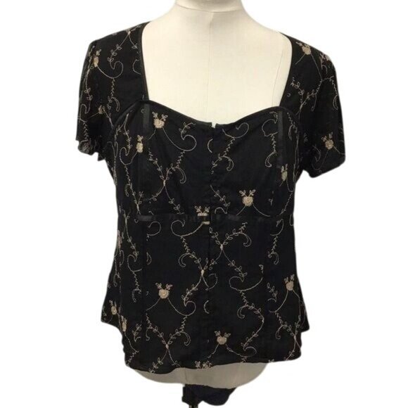 Lane Bryant Women’s Short Sleeve Sweetheart Neck Embroidered Sheer Net Top - Picture 2 of 8